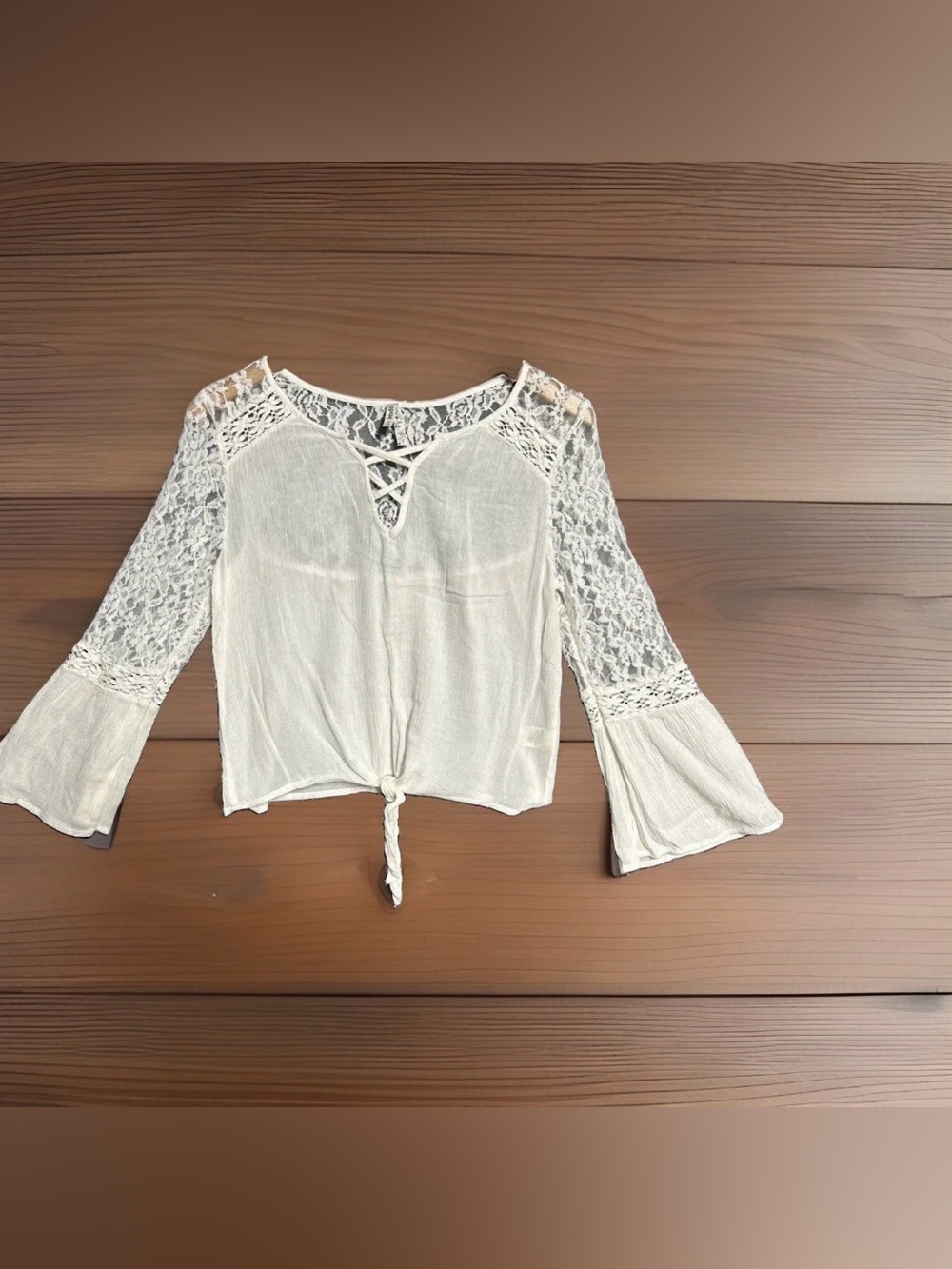 Mudd Women's Medium White Gauze Sheer Top Lace Bell Sleeve Tie Hem Y2K Grunge